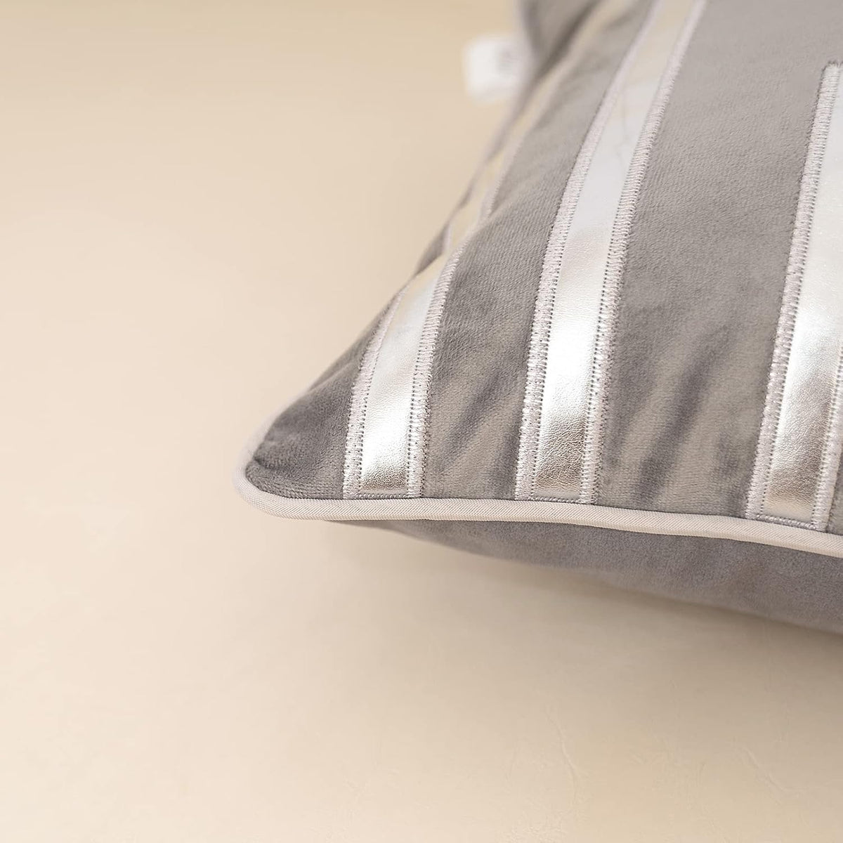 Alerfa Geometric Gold Leather Striped Throw Pillow Cover 12x20 Inch, Luxury Velvet Embroidered Decorative Lumbar Pillow Cover for Couch Living Room Bedroom, Gray