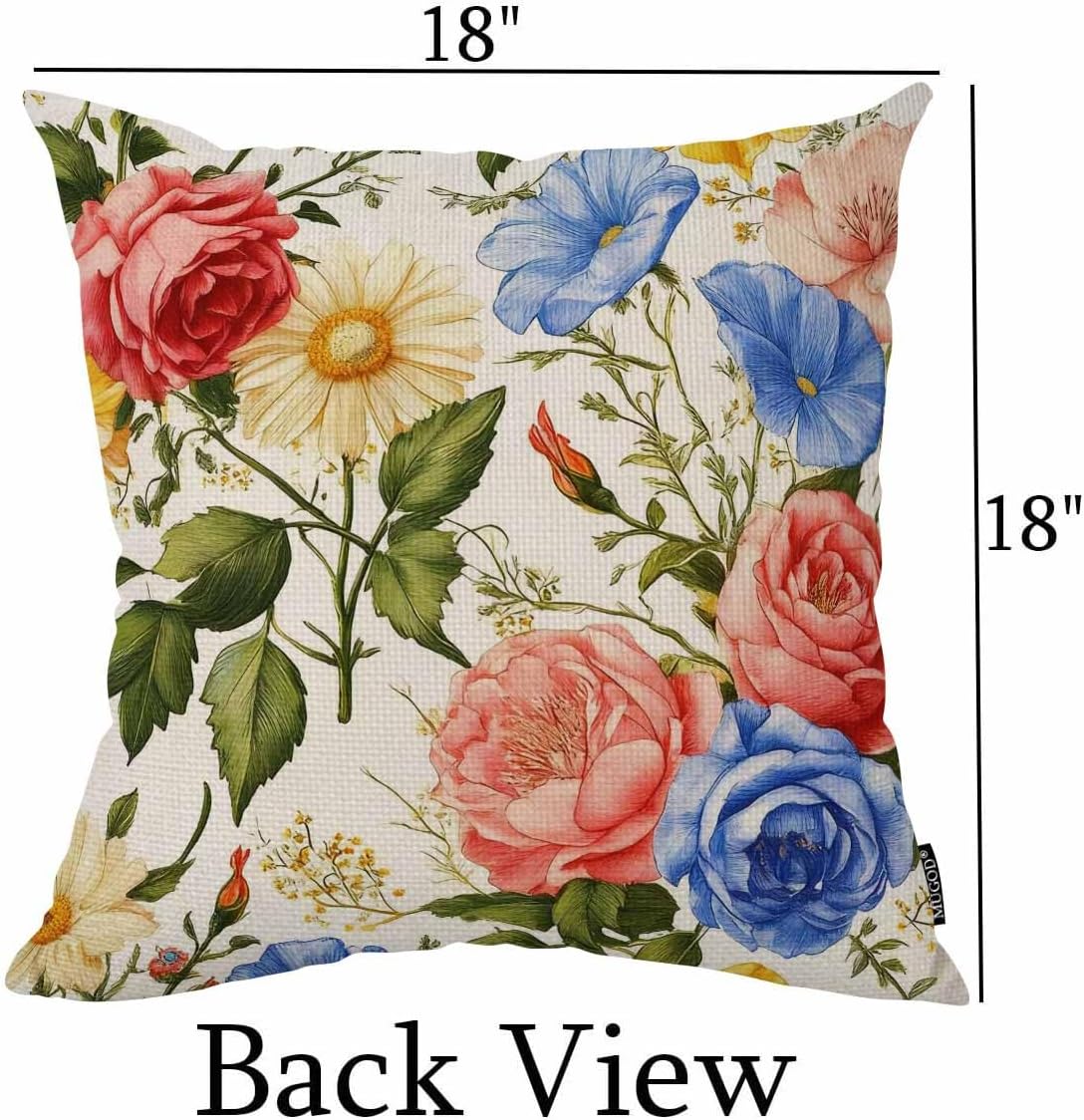 Mugod Floral Throw Pillow Cover Beautiful Chamomile Rose Petunia Wildflowers Print Decorative Square Pillow Case for Home Bedroom Living Room Cushion Cover 18x18 Inch
