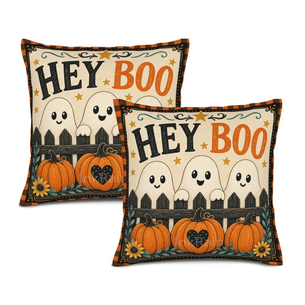 InkRain Halloween Pillow Cover Fresh Pumpkin Stack Moon Graphic Scene 26x26 Inch Set of 2 Cotton Linen Double Sided Whimsical Square Throw Cushion Case House Seat for Bay Window Seat Decor
