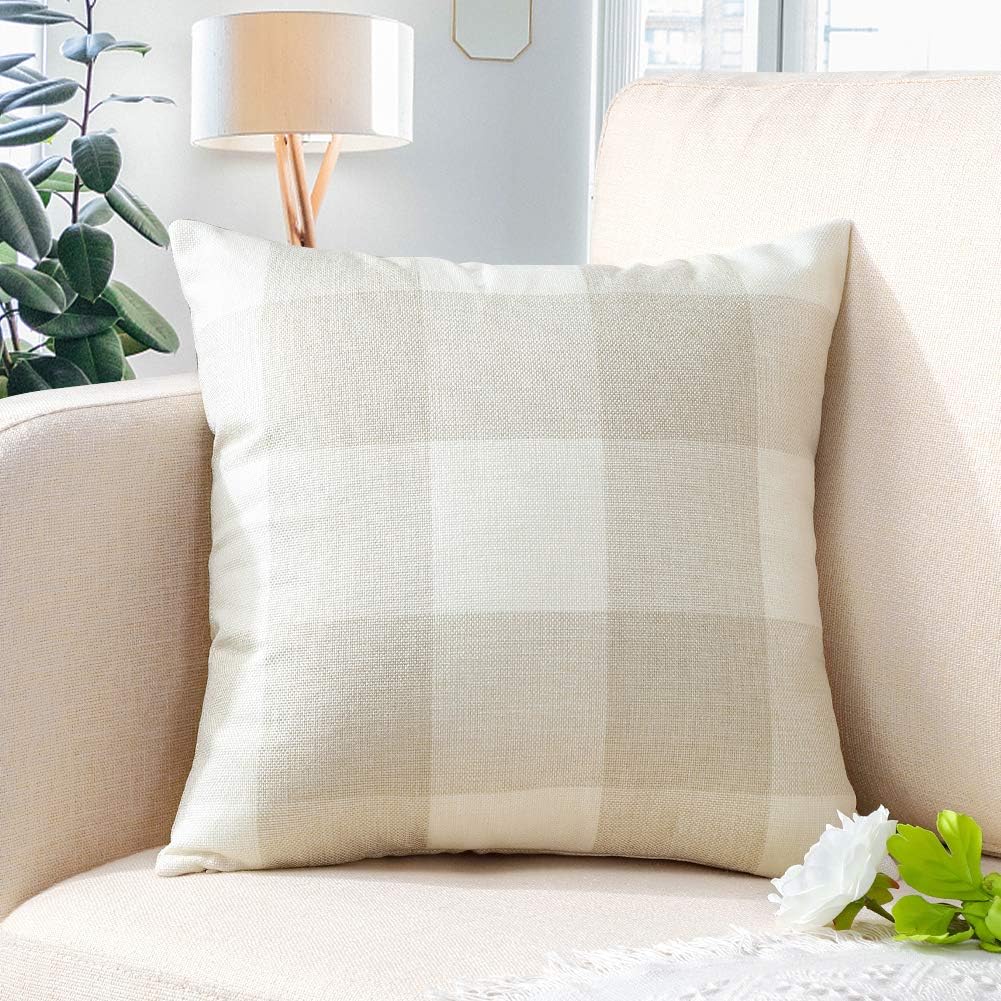 Artscope Buffalo Check Plaid Throw Pillow Covers Farmhouse Decorative Square Pillowcase, Classic Retro Checkers Cushion Covers for Sofa Bedroom Car 24 x 24 Inch, Cream White and White