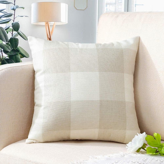 Artscope Buffalo Check Plaid Throw Pillow Covers Farmhouse Decorative Square Pillowcase, Classic Retro Checkers Cushion Covers for Sofa Bedroom Car 24 x 24 Inch, Cream White and White