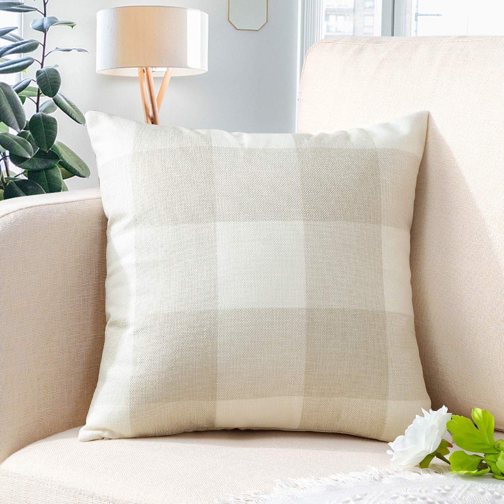 Artscope Buffalo Check Plaid Throw Pillow Covers Farmhouse Decorative Square Pillowcase, Classic Retro Checkers Cushion Covers for Sofa Bedroom Car 24 x 24 Inch, Cream White and White