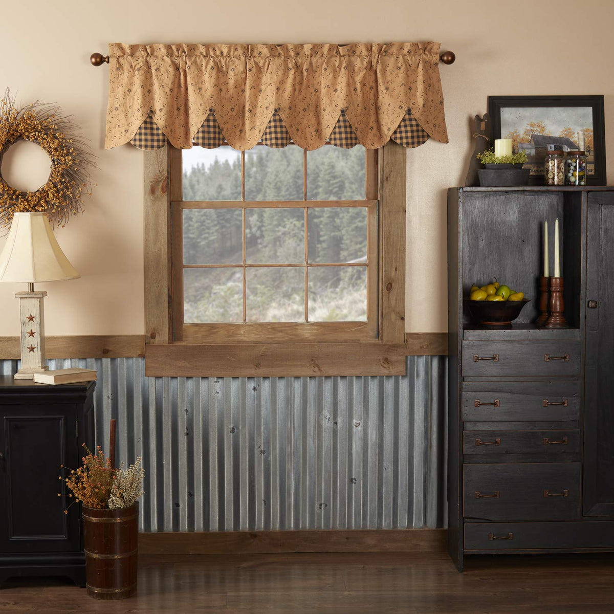 VHC Brands Maisie Primitive 18"x60" Valance Tan Rod Pocket Buttons Cotton Floral/Flower Hanging Loops Kitchen Window Curtains