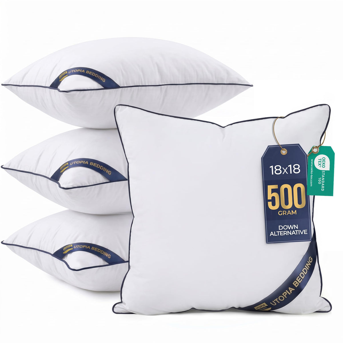 Premium Piping Throw Pillows 18x18, Decorative Pillow Inserts, 4-Pack