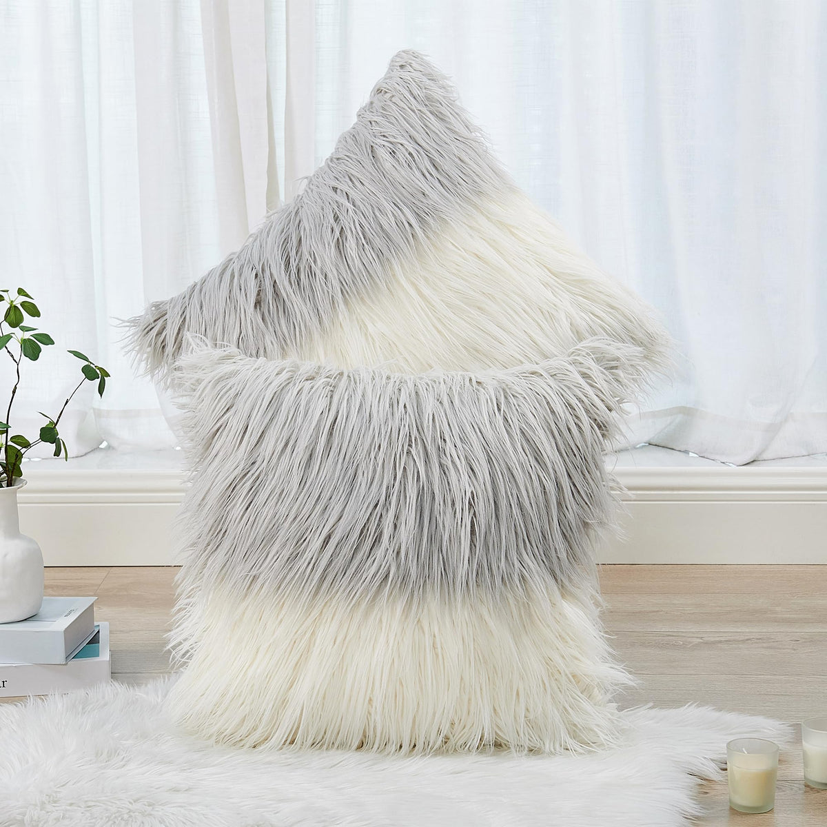 Long Pile Faux Fur Square Throw Pillow Covers(No Insert), 20 x 20 Inches Set of 2, Mongolian Fur Furry Fuzzy Soft Luxury Cushion Cover Shaggy Plush Pillowcase for Couch Bed Car, Silver Gray