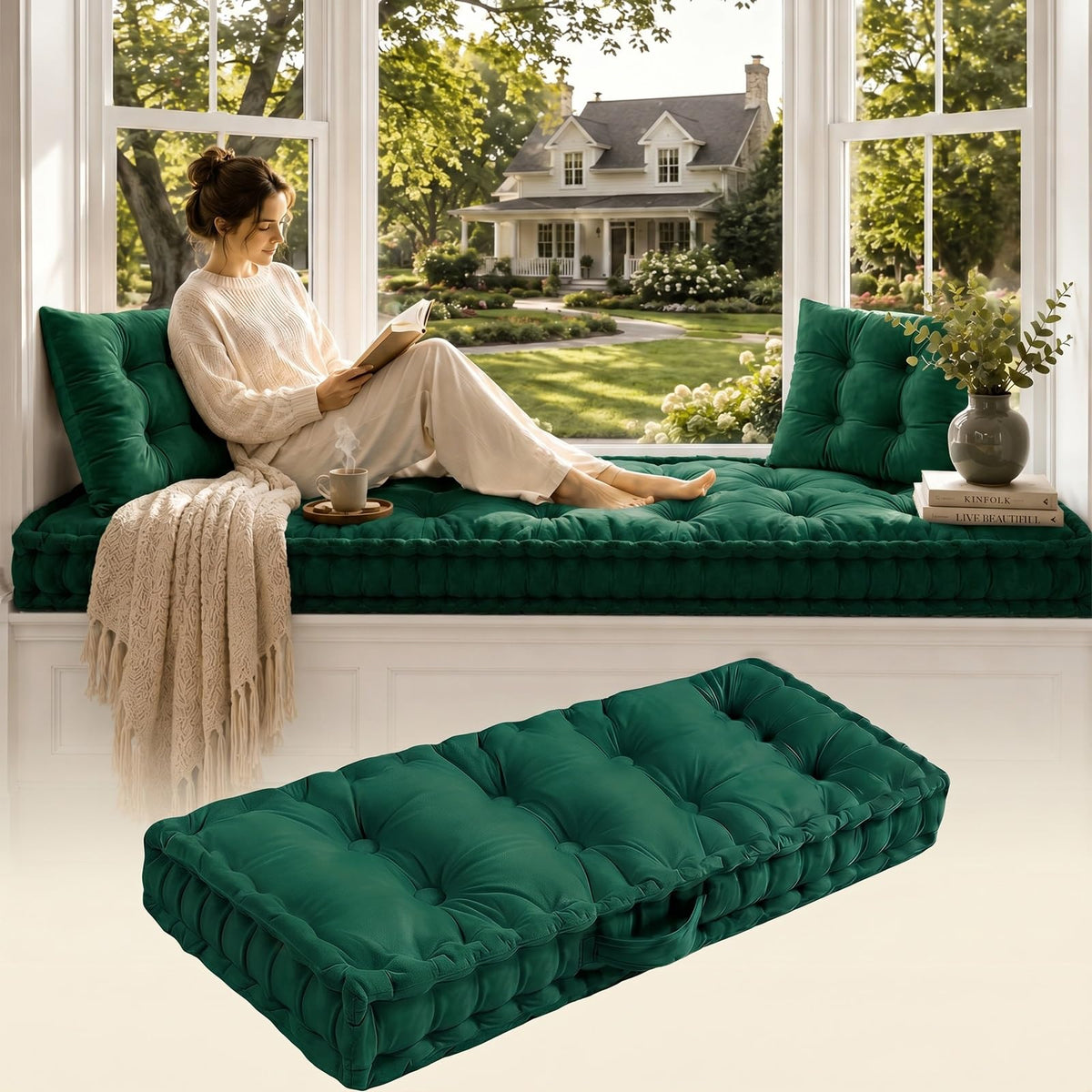 Non-Slip Bench Cushion, Velvet Bay Window Cushions Indoor, Window Seat Cushions, Tufted Bench Cushions for Indoor/Outdoor Furniture, French Floor Cushions with Handle(Dark Blue,63x14x4in)