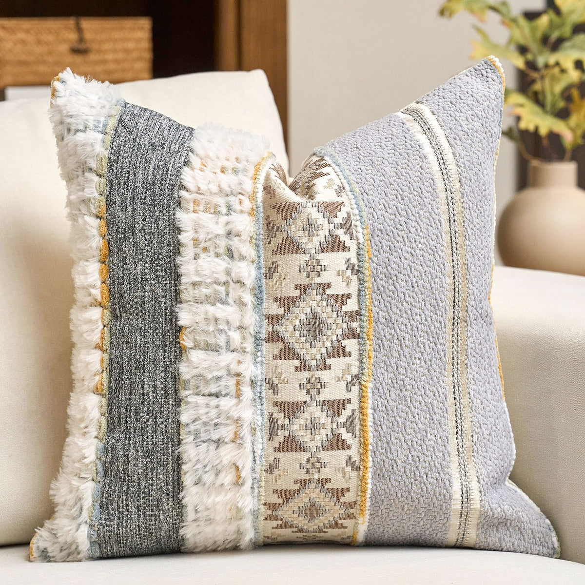 Gray Boho Striped Lumbar Throw Pillow Cover 12x20 Inch Farmhouse Woven Textured Pillow Cover Knitted Tufted Cushion Cover Neutral Pillowcase Home Decor for Sofa Couch Bedroom Living Room
