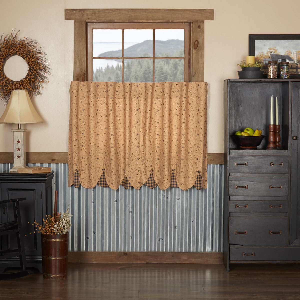 VHC Brands Maisie Primitive 18"x60" Valance Tan Rod Pocket Buttons Cotton Floral/Flower Hanging Loops Kitchen Window Curtains