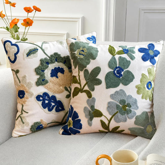 Embroidered Throw Pillow Cover 18"x18" Set of 2,Western Boho Blue Spring Floral Decorative Pillowcase Farmhouse Aesthetic Cushion Cover Pillow Case for Outdoor Couch Sofa