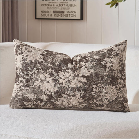 Zealax Vintage Floral Lumbar Pillow Cover 12x20 Inches, Chenille Rectangle Decorative Throw Pillow Covers Boho Farmhouse Accents Couch Pillow Cover for Living Room Bedroom, Grey, 1PC