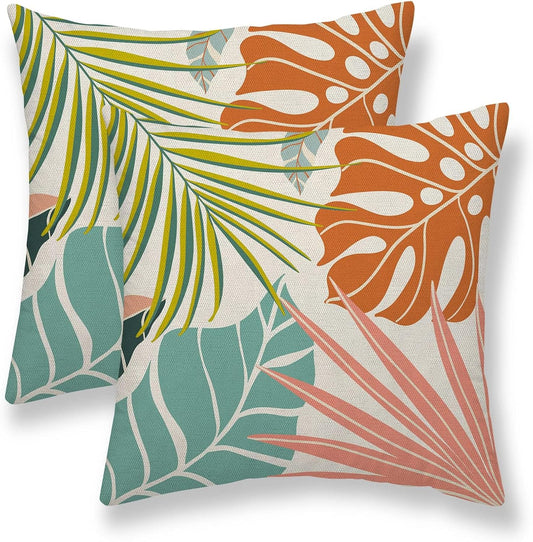 Summer Palm Leaf Pillow Covers 20x20 Set of 2, Coral Tropical Leaf Decorative Outdoor Throw Pillow Covers Green Blue Botanical Farmhouse Cushion Case Linen Square Decor for Couch Sofa