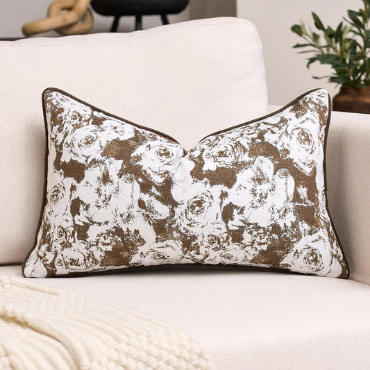 Aeckself Decorative 12 x 20 Inch Chenille Roses Floral Throw Pillow Cover Vintage Couch Pillow Cover Neutral Farmhouse Cushion Cover Home Decor for Couch Bedroom Living Room, Dark Brown