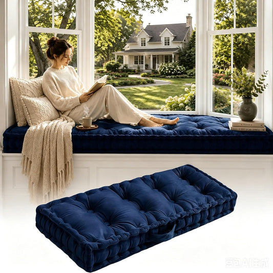 Non-Slip Bench Cushion, Velvet Bay Window Cushions Indoor, Window Seat Cushions, Tufted Bench Cushions for Indoor/Outdoor Furniture, French Floor Cushions with Handle(Dark Blue,63x14x4in)