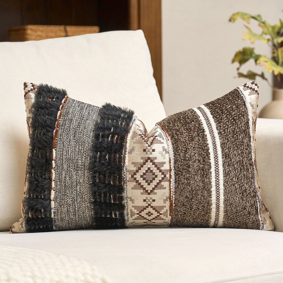 Gray Boho Striped Lumbar Throw Pillow Cover 12x20 Inch Farmhouse Woven Textured Pillow Cover Knitted Tufted Cushion Cover Neutral Pillowcase Home Decor for Sofa Couch Bedroom Living Room