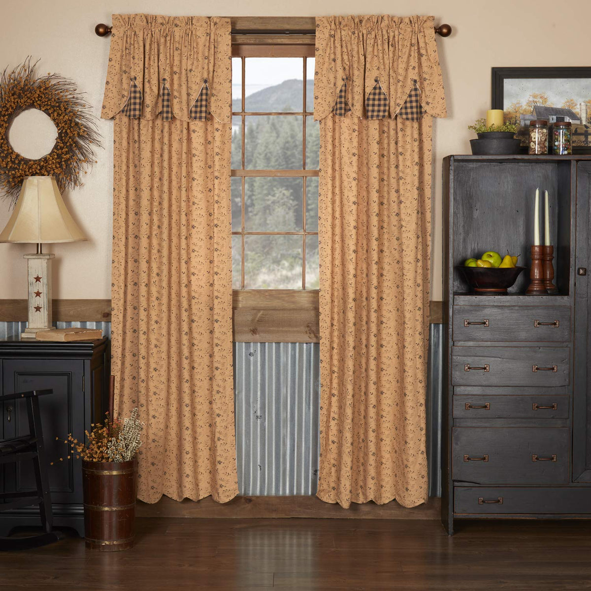 VHC Brands Maisie Primitive 18"x60" Valance Tan Rod Pocket Buttons Cotton Floral/Flower Hanging Loops Kitchen Window Curtains