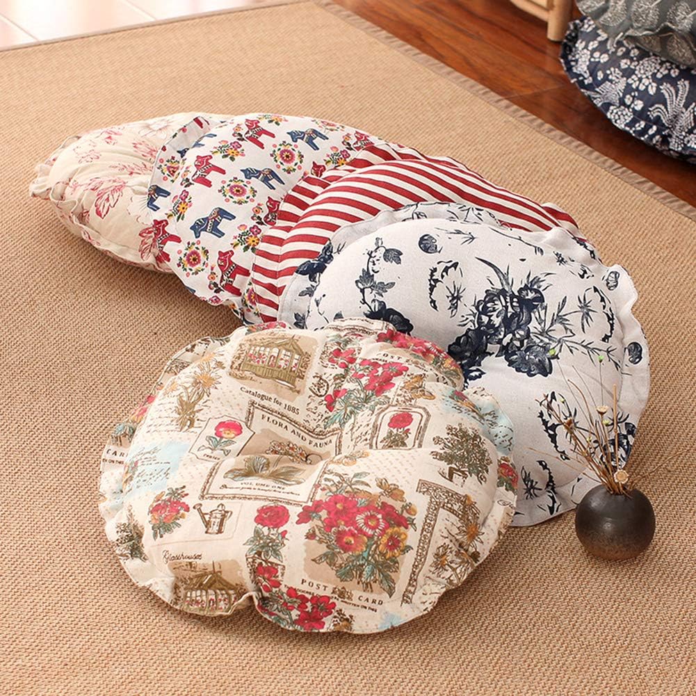 vctops Boho Soft Round Floor Pillow Cushion with Ruffles, Cotton Linen Print Chair Pad Tatami for Meditation, Yoga, Living Room, Balcony (Sky Blue,18"x18"x5")