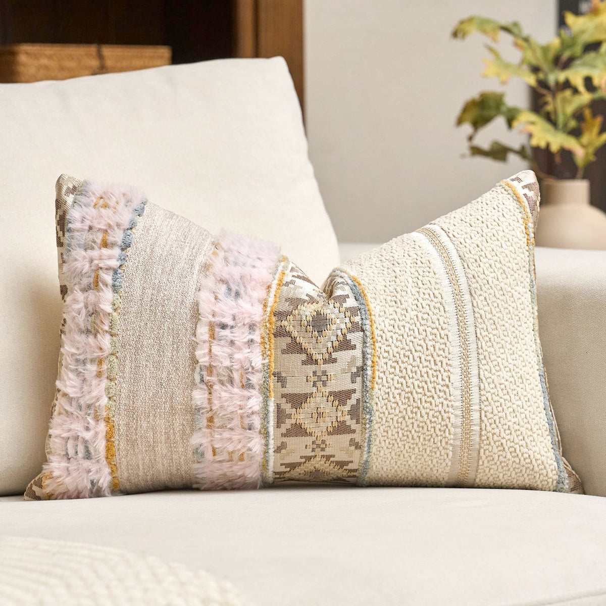 Gray Boho Striped Lumbar Throw Pillow Cover 12x20 Inch Farmhouse Woven Textured Pillow Cover Knitted Tufted Cushion Cover Neutral Pillowcase Home Decor for Sofa Couch Bedroom Living Room