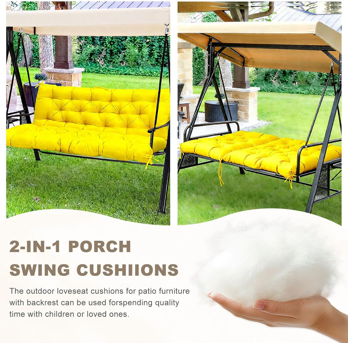 Porch Swing Cushion with Backrest, Waterproof Bench Cushion for Outdoor Furniture, 2-3 Seater Replacement Thickened Swing Cushion with Ties, Patio,Outdoor, Backyard and Garden (Yellow,60x40in)