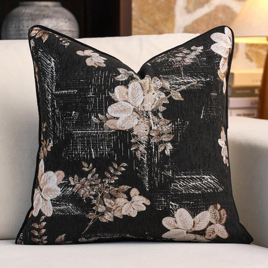 Aeckself Decorative Chenille Floral Throw Pillow Cover Vintage Couch Pillow Cover 20x20 Inch Neutral Farmhouse Cushion Cover Home Decor for Sofa Bedroom Living Room, Black