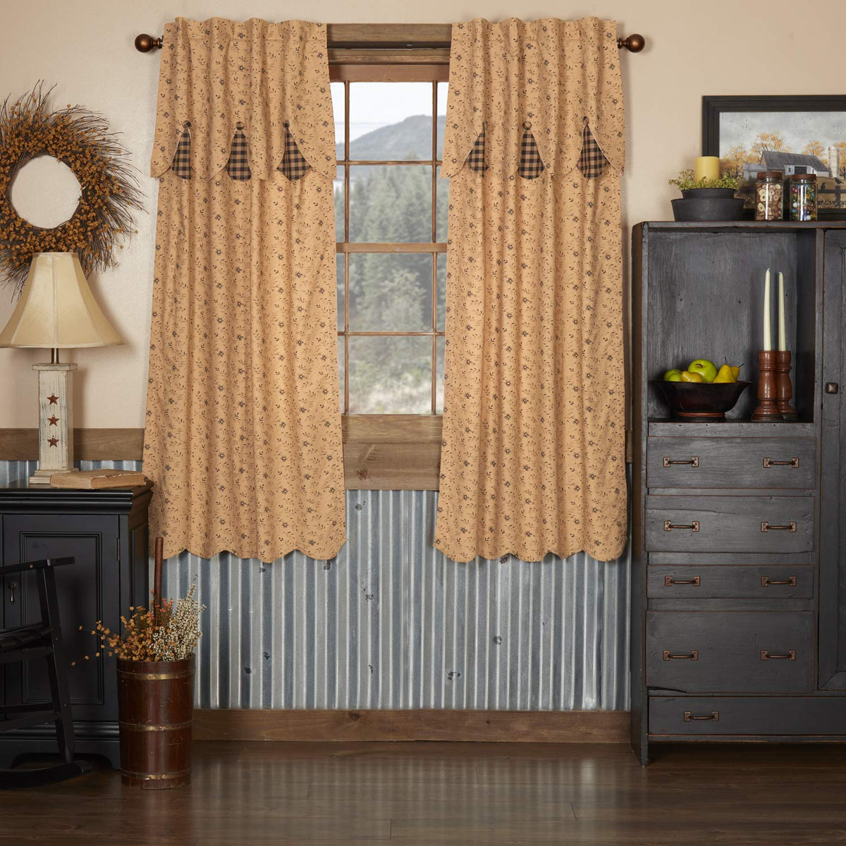 VHC Brands Maisie Primitive 18"x60" Valance Tan Rod Pocket Buttons Cotton Floral/Flower Hanging Loops Kitchen Window Curtains