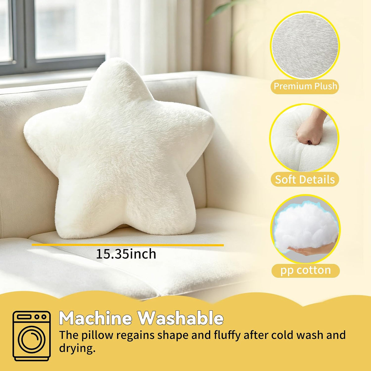 2PCS Star Pillow Set,15.35“ Cute Yellow Decorative Throw Pillows for Bed
