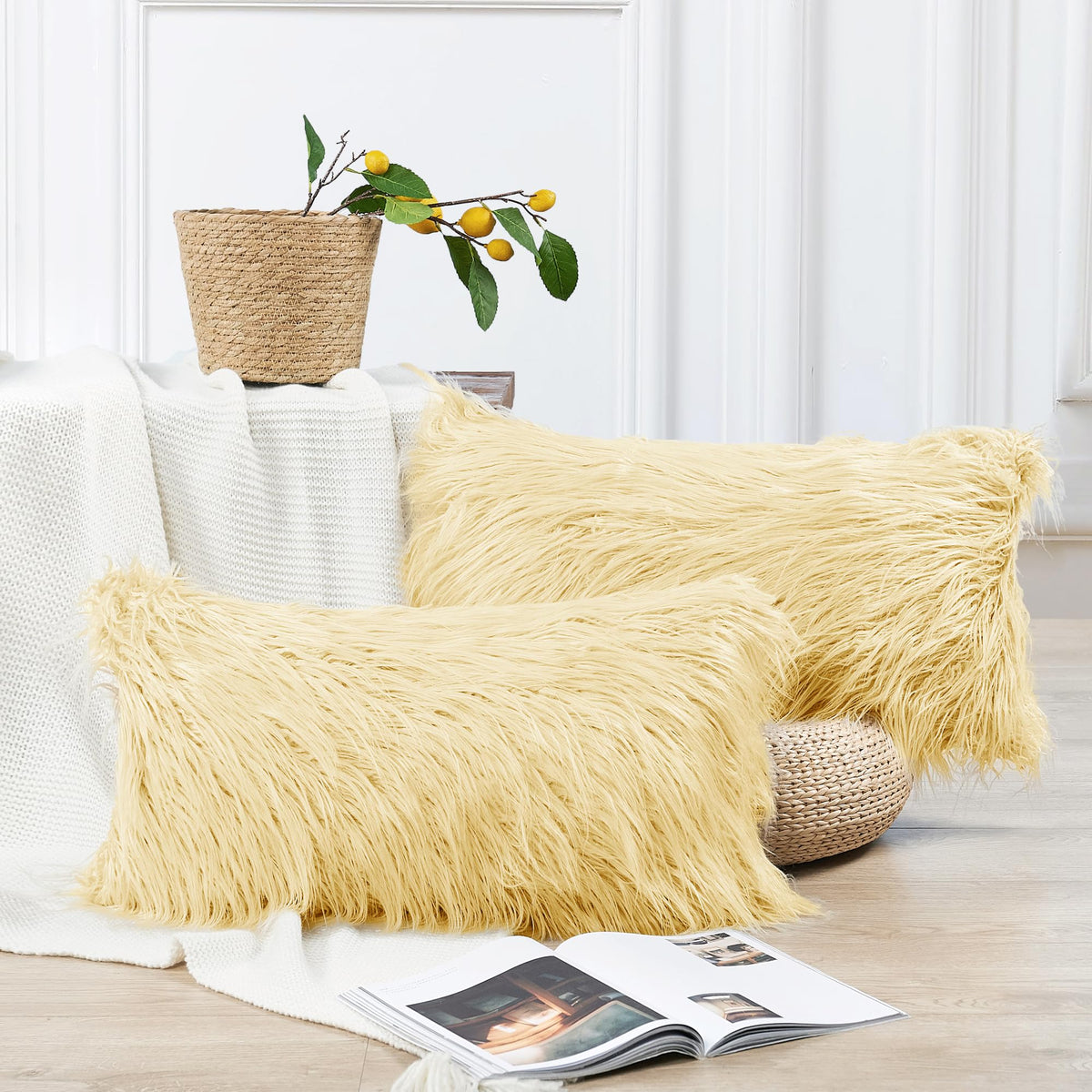 Long Pile Faux Fur Square Throw Pillow Covers(No Insert), 20 x 20 Inches Set of 2, Mongolian Fur Furry Fuzzy Soft Luxury Cushion Cover Shaggy Plush Pillowcase for Couch Bed Car, Silver Gray
