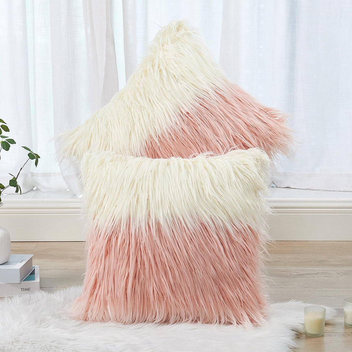 Long Pile Faux Fur Square Throw Pillow Covers(No Insert), 20 x 20 Inches Set of 2, Mongolian Fur Furry Fuzzy Soft Luxury Cushion Cover Shaggy Plush Pillowcase for Couch Bed Car, Silver Gray