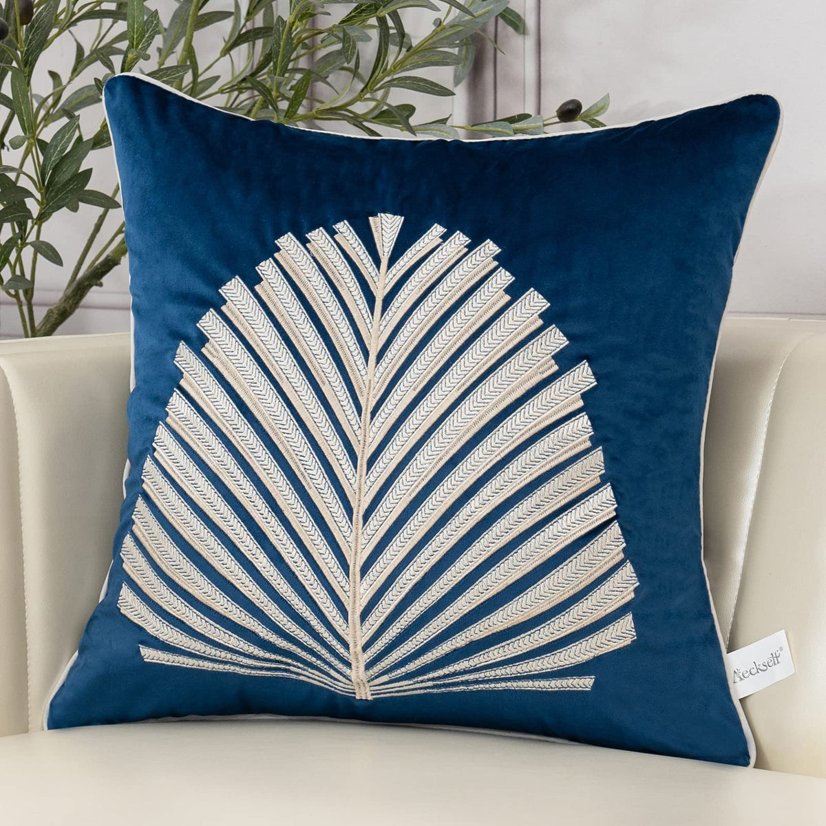 Aeckself 20 x 20 Inch Teal Square Throw Pillow Cover Tree Leaves Embroidery Velvet Cushion Case Luxury Modern Pillowcase for Couch Living Room Bedroom Car 50 x 50cm
