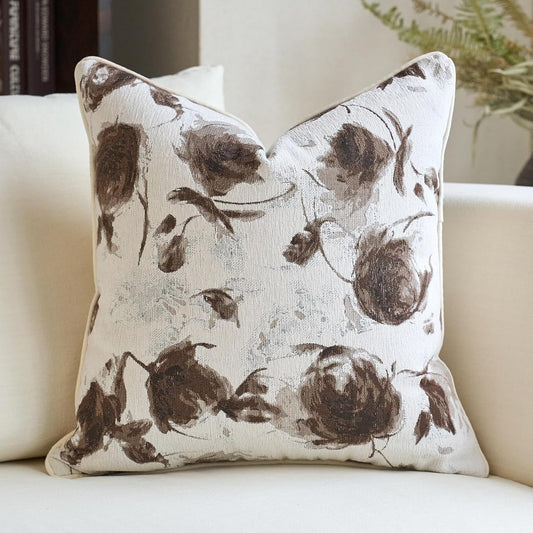 Aeckself Decorative 18 x 18 Inch Chenille Roses Floral Throw Pillow Cover Vintage Couch Pillowcase Neutral Farmhouse Cushion Cover Home Decor for Couch Bedroom Living Room, Brown