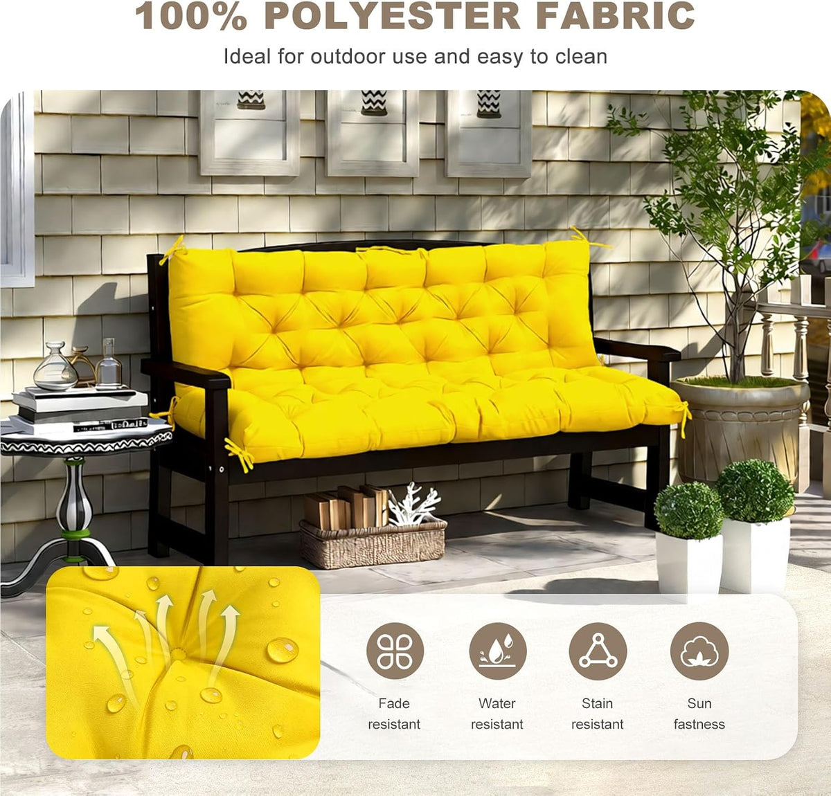 Porch Swing Cushion with Backrest, Waterproof Bench Cushion for Outdoor Furniture, 2-3 Seater Replacement Thickened Swing Cushion with Ties, Patio,Outdoor, Backyard and Garden (Yellow,60x40in)