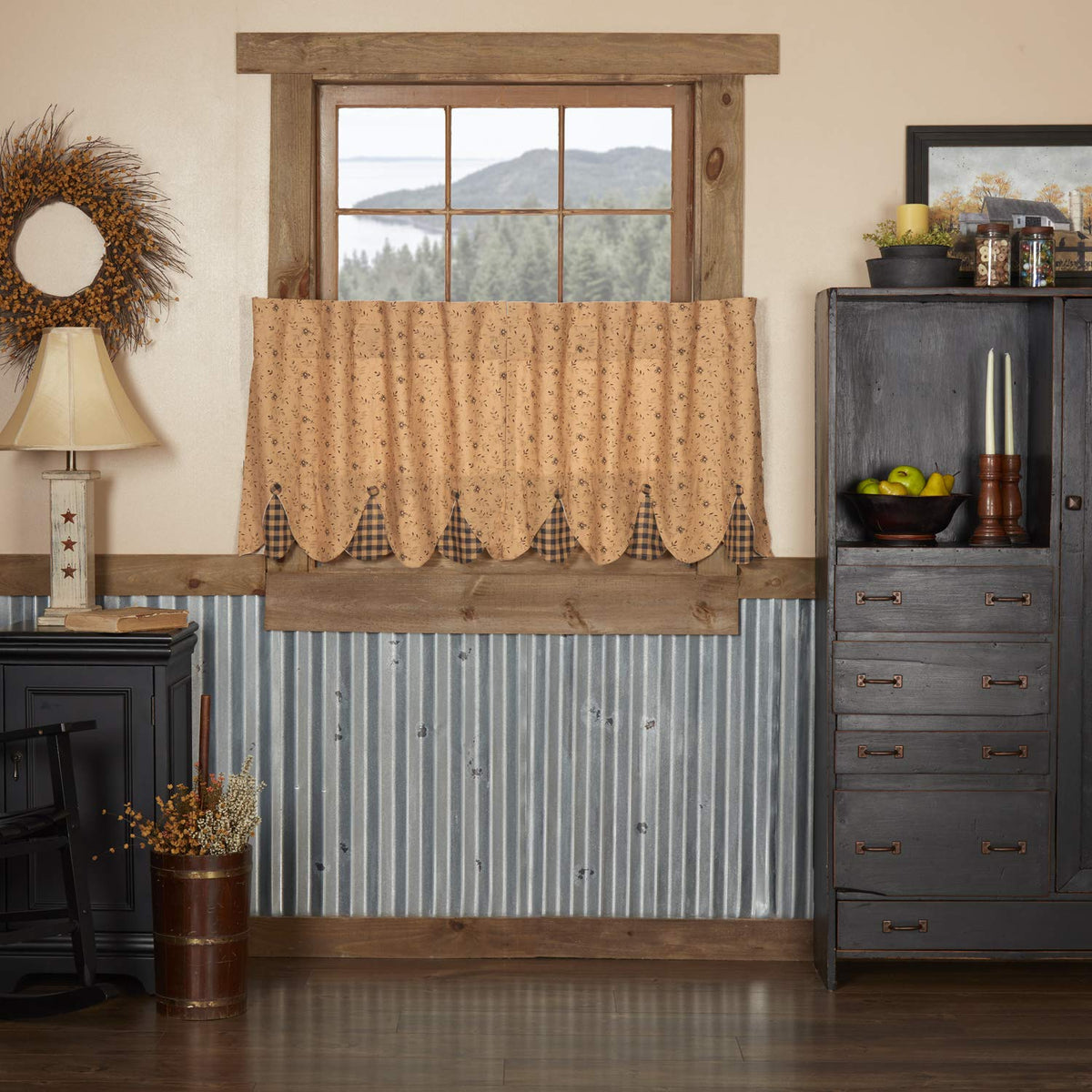VHC Brands Maisie Primitive 18"x60" Valance Tan Rod Pocket Buttons Cotton Floral/Flower Hanging Loops Kitchen Window Curtains