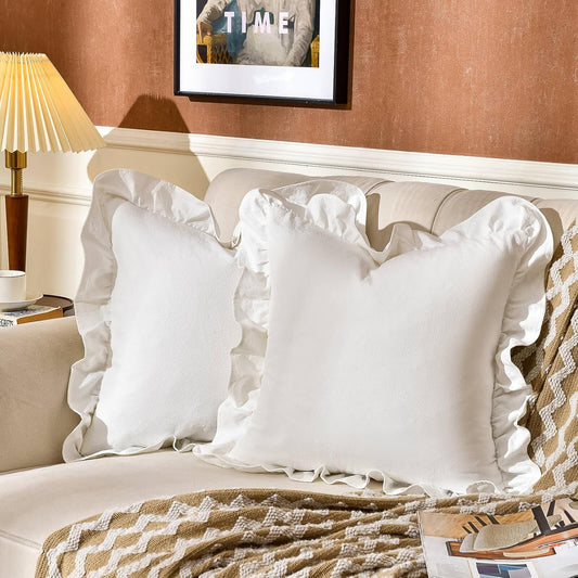 AmHoo Pack of 2 Throw Pillow Covers 100% Cotton Pre Washed Ruffle Decorative Pillowcase Cushion for Couch Sofa Bedroom 24 x 24-Inch Cream White