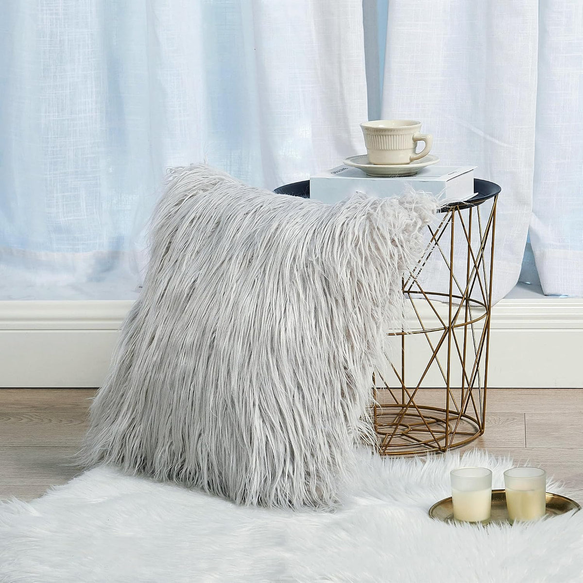 Long Pile Faux Fur Square Throw Pillow Covers(No Insert), 20 x 20 Inches Set of 2, Mongolian Fur Furry Fuzzy Soft Luxury Cushion Cover Shaggy Plush Pillowcase for Couch Bed Car, Silver Gray