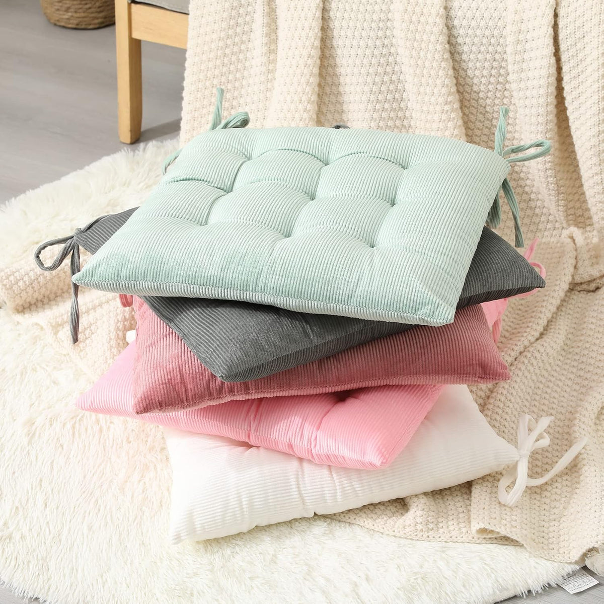 HLOVME Corduroy Chair Cushion with Ties Ultra Soft Warm Floor Cushion for Kids Reading Nook Comfortable Square Seat Cushion for Adult 15.7”x15.7” Set of 2, Grey