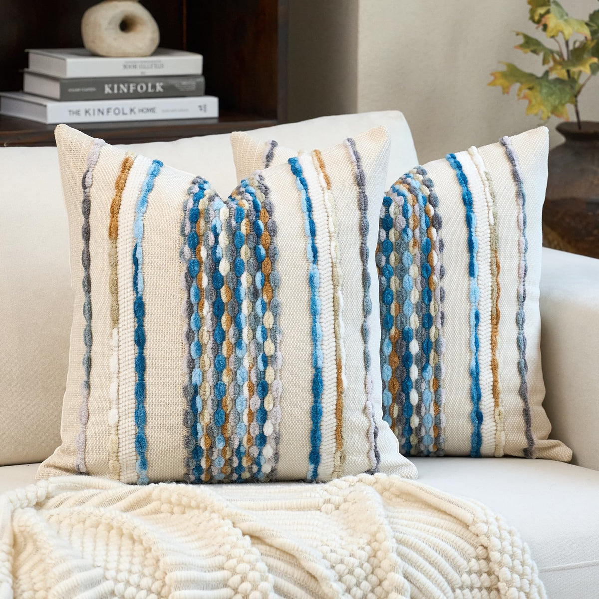 Aeckself Boho Chenille Tufted Throw Pillow Covers 18x18 Inch Set of 2, Farmhouse Decorative Striped Square Pillow Covers Accent Neutral Pillowcase for Living Room Couch Bed, Green