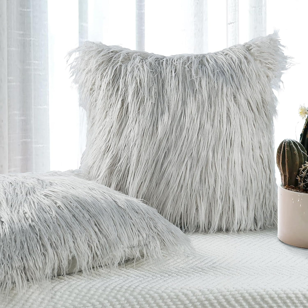 Long Pile Faux Fur Square Throw Pillow Covers(No Insert), 20 x 20 Inches Set of 2, Mongolian Fur Furry Fuzzy Soft Luxury Cushion Cover Shaggy Plush Pillowcase for Couch Bed Car, Silver Gray