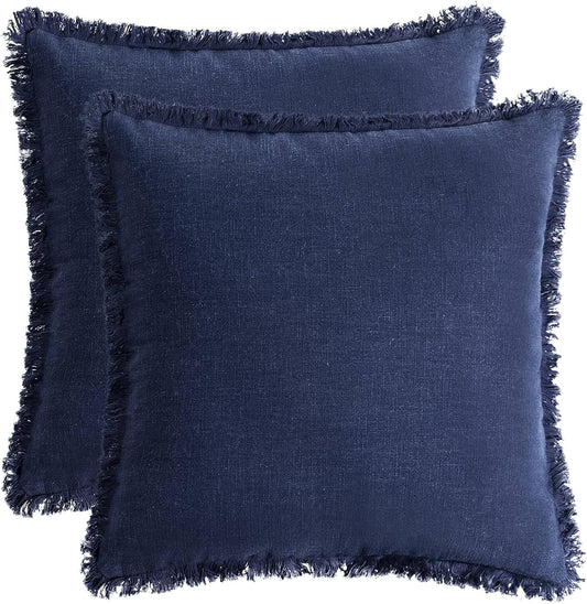 AmHoo Pack of 2 Linen Pillow Covers with Tassels Fringed Decorative Rustic Natural Throw Pillowcase Cushion for Couch Sofa Bedroom 18 x 18-Inch Navy Blue
