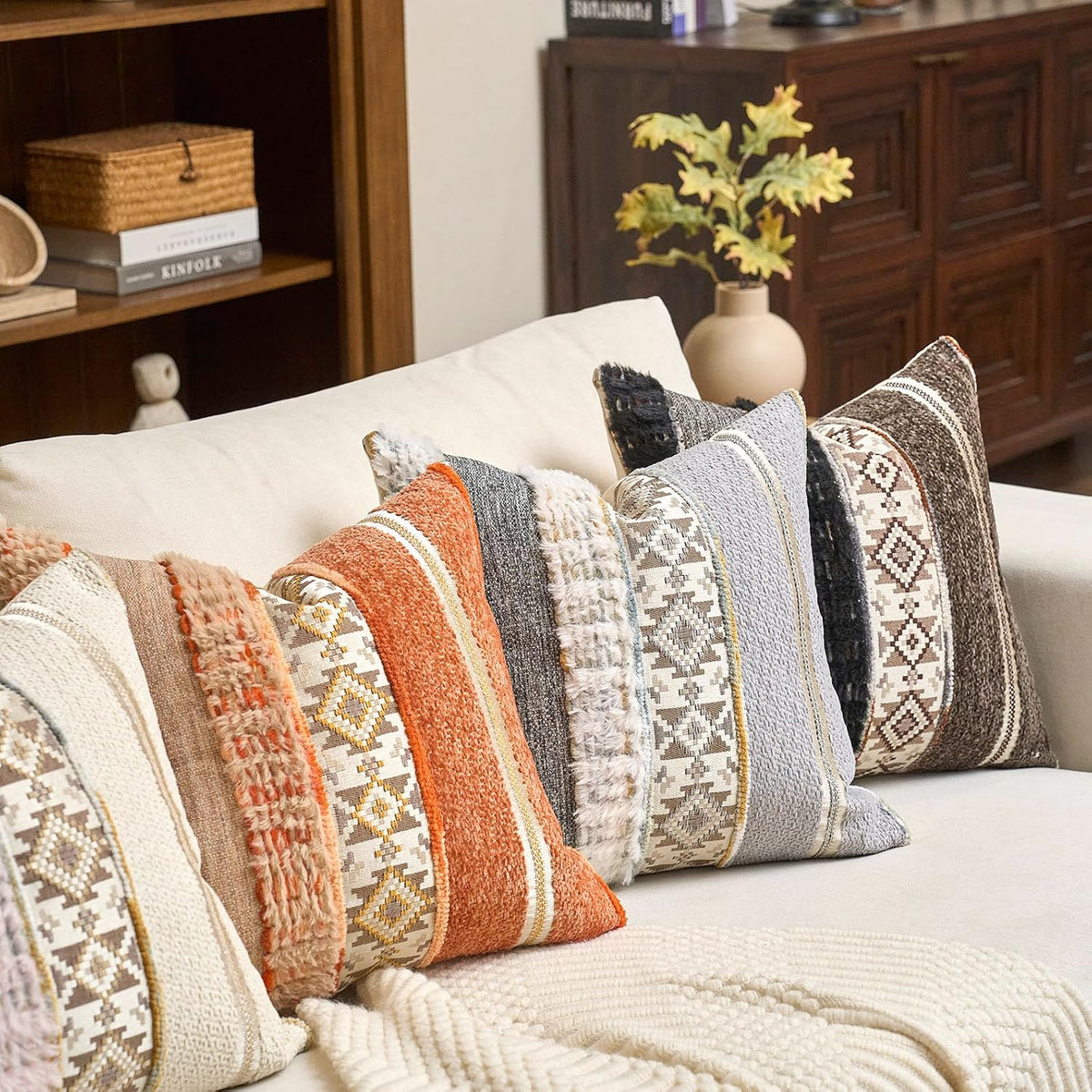 Gray Boho Striped Lumbar Throw Pillow Cover 12x20 Inch Farmhouse Woven Textured Pillow Cover Knitted Tufted Cushion Cover Neutral Pillowcase Home Decor for Sofa Couch Bedroom Living Room