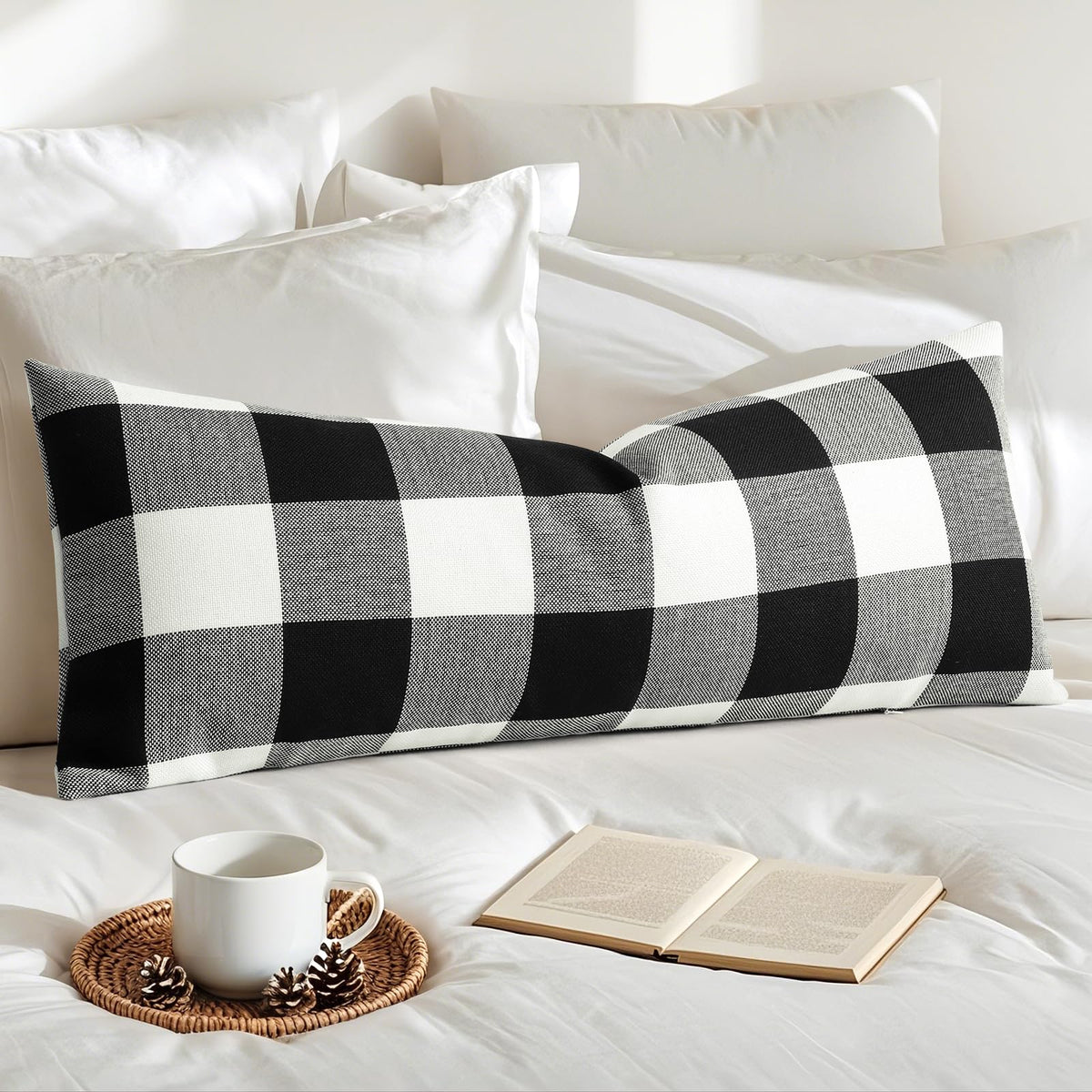 Artscope Buffalo Check Plaid Throw Pillow Covers Farmhouse Decorative Square Pillowcase, Classic Retro Checkers Cushion Covers for Sofa Bedroom Car 24 x 24 Inch, Cream White and White