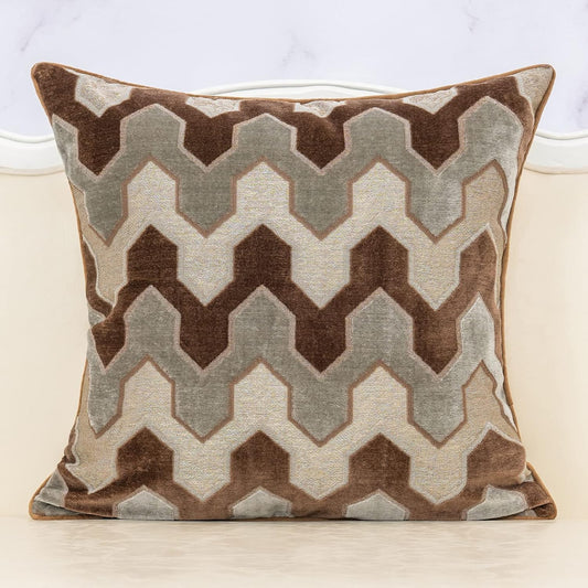 Alerfa Square Pillow Geometric Stripes Embroidery Cut Velvet Cushion Case Luxury Modern Throw Pillow Cover Decorative Pillow for Couch Sofa Living Room Bedroom Car 20 x 20 Inch Brown Gray