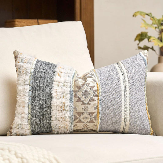 Gray Boho Striped Lumbar Throw Pillow Cover 12x20 Inch Farmhouse Woven Textured Pillow Cover Knitted Tufted Cushion Cover Neutral Pillowcase Home Decor for Sofa Couch Bedroom Living Room