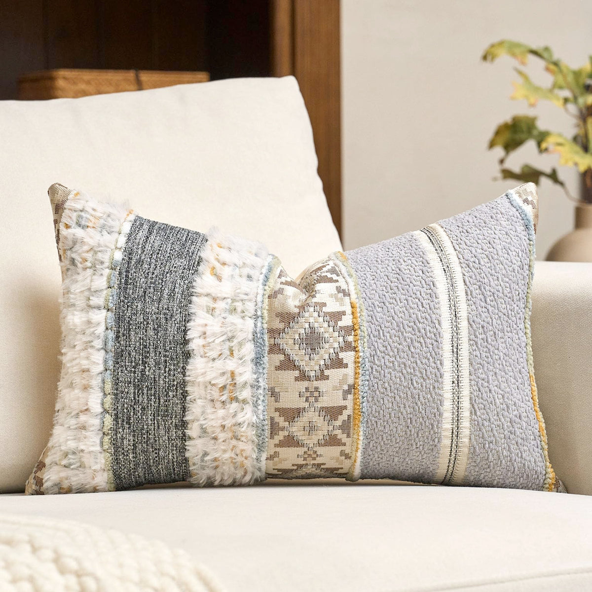Gray Boho Striped Lumbar Throw Pillow Cover 12x20 Inch Farmhouse Woven Textured Pillow Cover Knitted Tufted Cushion Cover Neutral Pillowcase Home Decor for Sofa Couch Bedroom Living Room