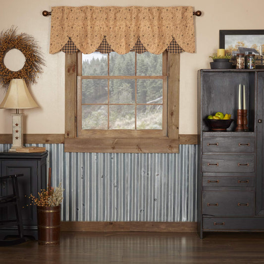 VHC Brands Maisie Primitive 18"x60" Valance Tan Rod Pocket Buttons Cotton Floral/Flower Hanging Loops Kitchen Window Curtains