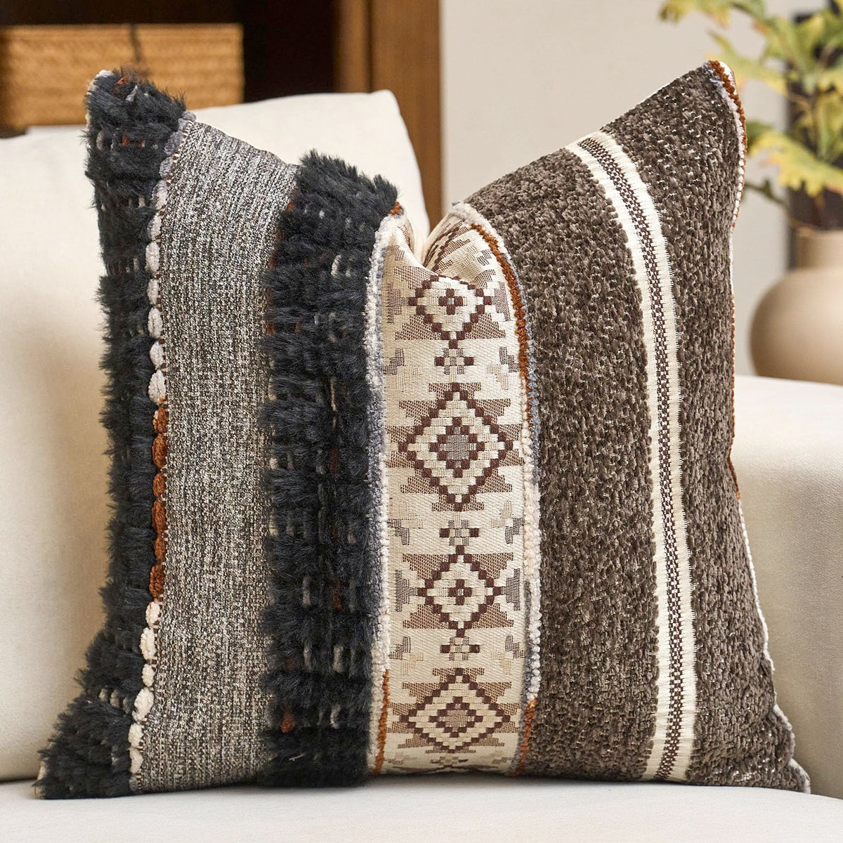 Gray Boho Striped Lumbar Throw Pillow Cover 12x20 Inch Farmhouse Woven Textured Pillow Cover Knitted Tufted Cushion Cover Neutral Pillowcase Home Decor for Sofa Couch Bedroom Living Room