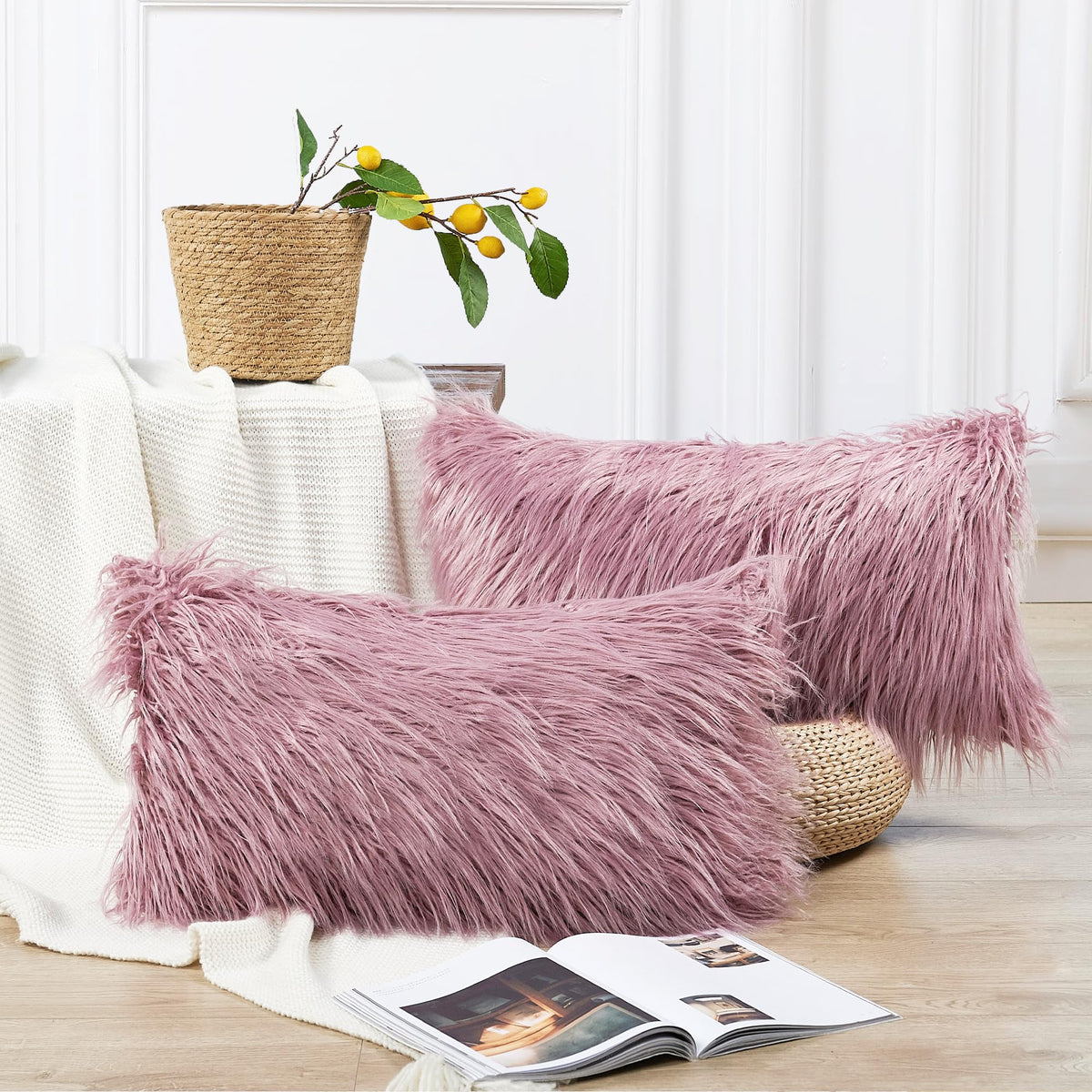 Long Pile Faux Fur Square Throw Pillow Covers(No Insert), 20 x 20 Inches Set of 2, Mongolian Fur Furry Fuzzy Soft Luxury Cushion Cover Shaggy Plush Pillowcase for Couch Bed Car, Silver Gray
