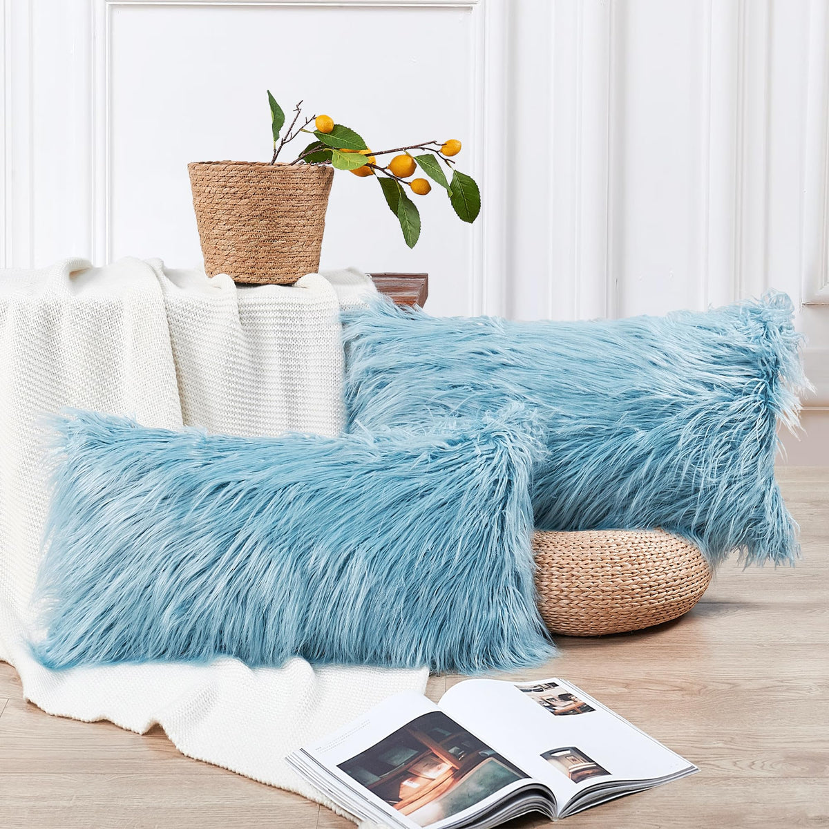 Long Pile Faux Fur Square Throw Pillow Covers(No Insert), 20 x 20 Inches Set of 2, Mongolian Fur Furry Fuzzy Soft Luxury Cushion Cover Shaggy Plush Pillowcase for Couch Bed Car, Silver Gray