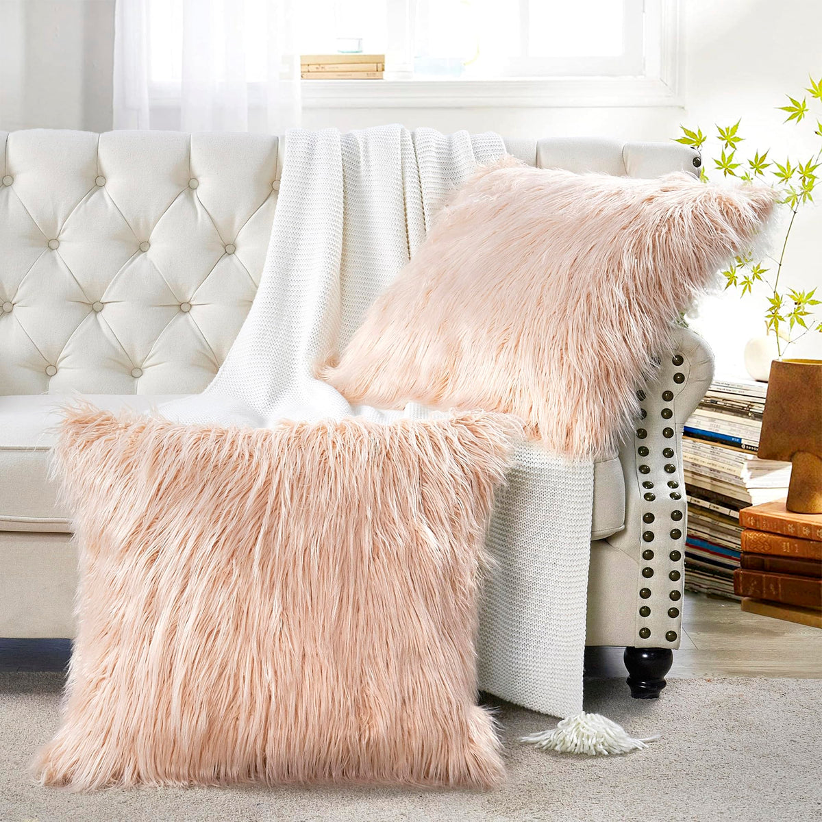Long Pile Faux Fur Square Throw Pillow Covers(No Insert), 20 x 20 Inches Set of 2, Mongolian Fur Furry Fuzzy Soft Luxury Cushion Cover Shaggy Plush Pillowcase for Couch Bed Car, Silver Gray