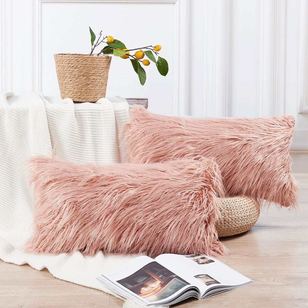 Long Pile Faux Fur Square Throw Pillow Covers(No Insert), 20 x 20 Inches Set of 2, Mongolian Fur Furry Fuzzy Soft Luxury Cushion Cover Shaggy Plush Pillowcase for Couch Bed Car, Silver Gray