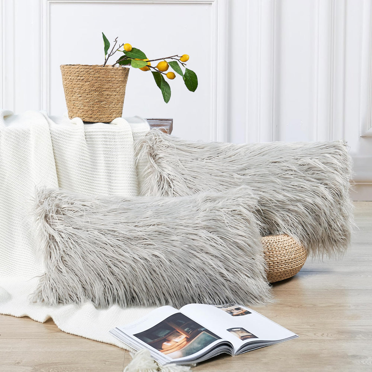 Long Pile Faux Fur Square Throw Pillow Covers(No Insert), 20 x 20 Inches Set of 2, Mongolian Fur Furry Fuzzy Soft Luxury Cushion Cover Shaggy Plush Pillowcase for Couch Bed Car, Silver Gray