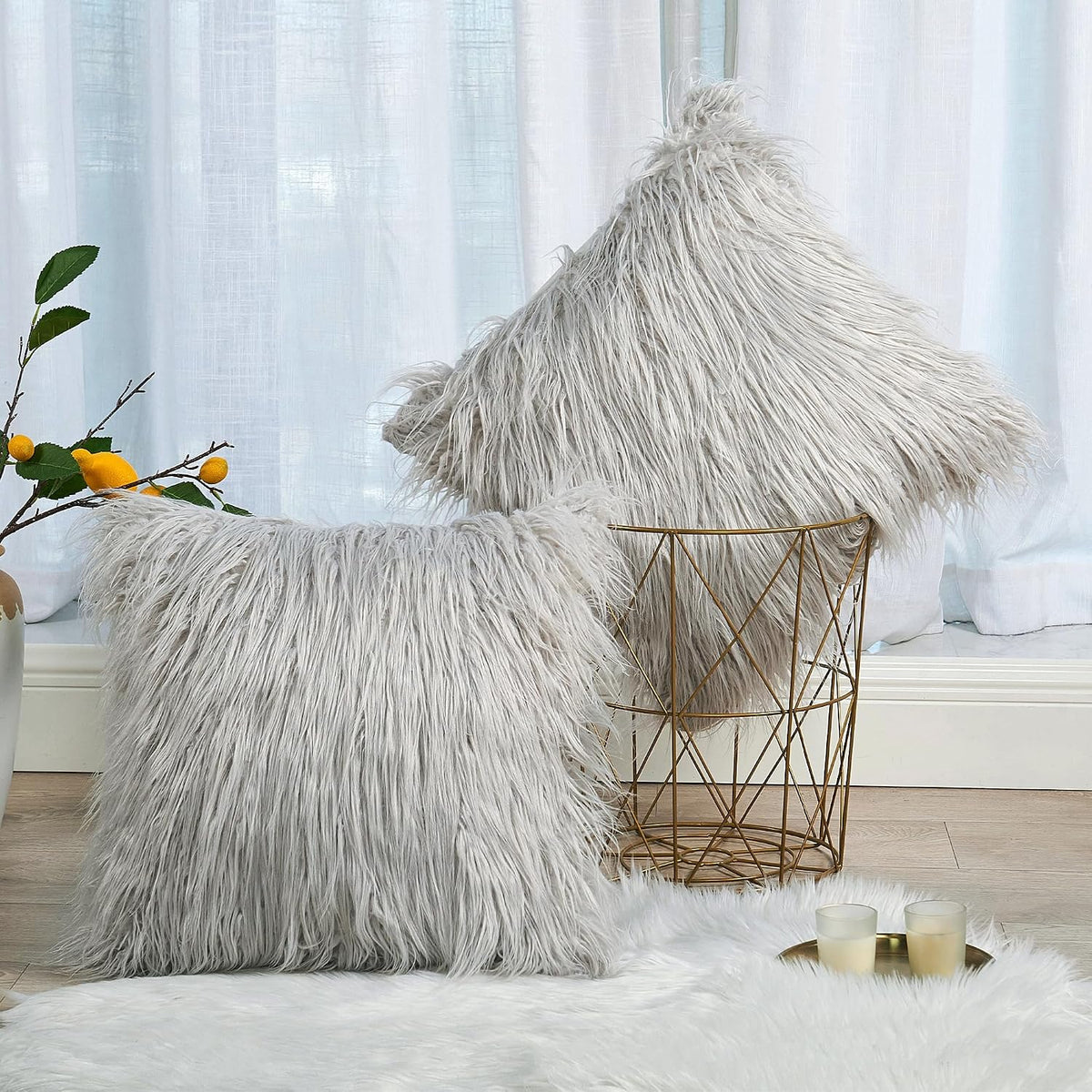 Long Pile Faux Fur Square Throw Pillow Covers(No Insert), 20 x 20 Inches Set of 2, Mongolian Fur Furry Fuzzy Soft Luxury Cushion Cover Shaggy Plush Pillowcase for Couch Bed Car, Silver Gray